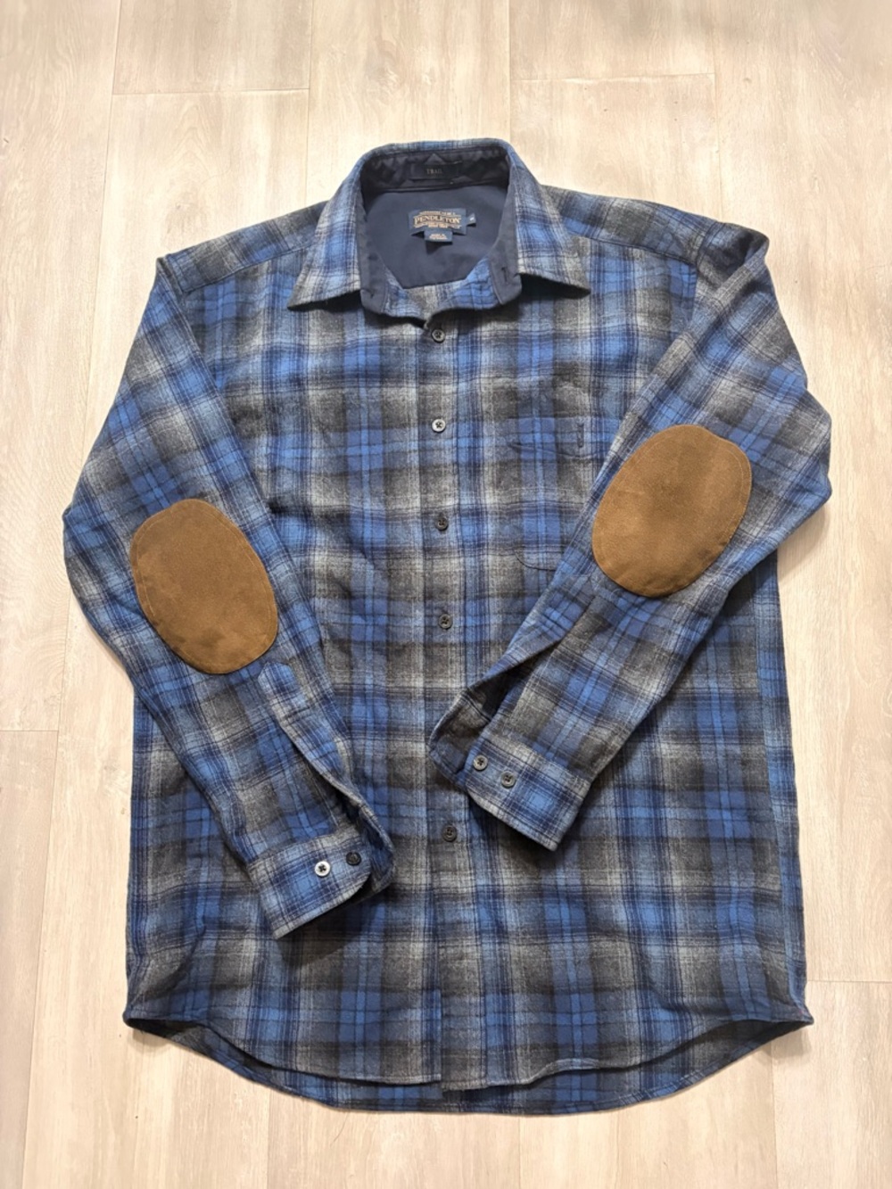 Pendleton Blue and Gray Plaid Button-Down Shirt with Brown Elbow Patches